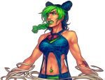  blue_eyes blue_hair braid butterfly double_bun earrings green_hair green_lipstick halter_top halterneck jewelry jojo_no_kimyou_na_bouken kuujou_jolyne lipstick makeup multicolored_hair navel_piercing piercing star string tattoo tellamine two-tone_hair unraveling 