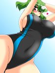  1girl adidas akasode_(tyaramu) armpits arms_behind_head arms_up blush breasts cleavage competition_swimsuit covered_navel green_hair heart highres huge_breasts kazami_yuuka looking_at_viewer multiple_girls one-piece_swimsuit one_eye_closed parody red_eyes short_hair sideboob smile solo swimsuit touhou 