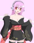  1girl aibatiria bare_shoulders blush breasts cleavage headphones japanese_clothes kimono large_breasts long_hair looking_at_viewer nitroplus obi open_mouth pink_hair red_eyes sash short_kimono smile solo super_sonico 