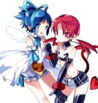  2boys alternate_hair_color black_gloves blue_eyes blue_hair choker cosplay crossdressinging demon_tail disgaea duizhang earrings etna etna_(cosplay) flonne flonne_(cosplay) gloves hair_ribbon hands_clasped jewelry kashuu_kiyomitsu midriff mole mole_under_eye mole_under_mouth multiple_boys navel otoko_no_ko parody ponytail red_eyes redhead ribbon skirt skull_earrings slit_pupils style_parody tail touken_ranbu wings yamato-no-kami_yasusada 