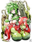  2girls batman_(series) blue_eyes blush breasts crossover dryad flower green_eyes green_hair green_lipstick green_skin hair_flower hair_ornament highres kii_(monster_musume) leaf lipstick long_hair makeup monster_girl monster_musume_no_iru_nichijou multiple_girls nude plant_girl poison_ivy redhead s-now signature simple_background tongue tongue_out trait_connection white_background 