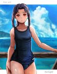  1girl artist_name black_hair blue_swimsuit braid competition_swimsuit len long_hair looking_at_viewer melty_blood ocean one-piece_swimsuit railing red_eyes school_swimsuit sidelocks single_braid small_breasts solo swimsuit tsukihime turupe 