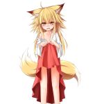  1girl :d animal_ears blonde_hair blush flat_chest fox_ears fox_tail hakama hakama_lift haori highres japanese_clothes long_hair multiple_tails off_shoulder open_clothes open_mouth original senbon smile tail transparent_background two_tails 