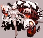  1girl aako ahoge black_shoes breasts cleavage dress dress_lift full_body grey_background highres horns kantai_collection large_breasts long_hair looking_at_viewer midway_hime red_eyes shinkaisei-kan shoes simple_background solo upper_body upskirt very_long_hair walking white_dress white_hair white_skin 
