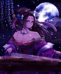  1girl absurdres ansung bare_shoulders beads blue_eyes breasts brown_hair cleavage earrings facial_mark fingernails forehead_mark guzheng hair_ornament hair_ribbon hairpin highres instrument japanese_clothes jewelry long_hair moon nail_polish necklace original red_nails ribbon shingoku_no_valhalla_gate solo 