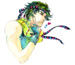  1boy akajou fingerless_gloves gloves green_hair headband jojo_no_kimyou_na_bouken joseph_joestar_(young) scarf solo traditional_media watercolor_(medium) 