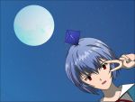  1girl angel_(evangelion) ayanami_rei blue_hair bowtie full_moon looking_at_viewer moon neon_genesis_evangelion night night_sky open_mouth ramiel red_eyes school_uniform short_hair sky solo todo_(masa3373) v v_over_eye 