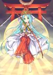  1girl amaterasu_(p&amp;d) amemiya_ruki aqua_eyes aqua_hair bare_shoulders barefoot bow_(weapon) green_eyes highres japanese_clothes kimono long_hair long_sleeves puzzle_&amp;_dragons smile solo torii weapon 