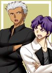  2boys archer back-to-back blue_hair brown_eyes crossed_arms dark_skin fate/stay_night fate_(series) height_difference matou_shinji multiple_boys short_hair silver_hair urako violet_eyes 