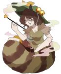  1girl animal_ears bell brown_eyes brown_hair cleavage evil_grin evil_smile futatsuiwa_mamizou glasses grin kaine_(kaine1025) kiseru leaf leaf_on_head pipe raccoon_ears raccoon_tail shirt short_hair short_sleeves simple_background skirt smile smoke solo string tail touhou white_background 