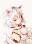  1girl animal_ears detached_sleeves dutch_angle highres homo_1121 inubashiri_momiji japanese_clothes long_sleeves looking_at_viewer no_hat pom_pom_(clothes) red_eyes shirt short_hair simple_background solo tail touhou turtleneck upper_body white_hair wolf_ears wolf_tail 