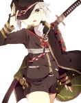  1boy armor cape green_eyes hat hat_over_one_eye hiiragi_fuyuki hotarumaru japanese_armor male_focus ootachi open_mouth salute shorts silver_hair sode sword touken_ranbu weapon 