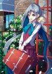  1girl ahoge briefcase flower grey_eyes grey_hair hair_ribbon highres kantai_collection kiyoshimo_(kantai_collection) konkito long_hair open_mouth ribbon school_uniform smile solo twintails very_long_hair 