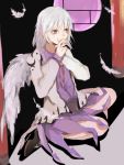  1girl ainas brown_eyes dress feathers full_body kishin_sagume long_sleeves open_mouth short_hair silver_hair single_wing sitting solo touhou vest wings 