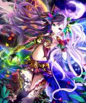  1girl armpits bare_shoulders blue_eyes crescent_moon finger_to_mouth flower hair_flower hair_ornament heterochromia kether long_hair midriff moon multicolored_hair navel official_art original petals pointy_ears shingoku_no_valhalla_gate solo thigh-highs two-tone_hair very_long_hair violet_eyes white_hair 