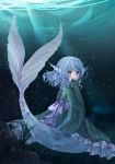  1girl asadzuki_noa blue_eyes blue_hair bubble covering_mouth full_body head_fins japanese_clothes kimono long_sleeves looking_at_viewer mermaid monster_girl ribbon sash short_hair solo touhou underwater wakasagihime wide_sleeves 