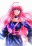  +_+ alexandra_mae artist_name backlighting blue_dress blue_eyes choker dress headset megurine_luka open_mouth pink_hair smile upper_body vocaloid watermark web_address 