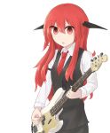  1girl arm_strap demon_girl electric_guitar guitar head_wings highres hinami047 instrument juliet_sleeves koakuma long_sleeves necktie playing_instrument puffy_sleeves red_eyes redhead shirt skirt skirt_set solo touhou vest 