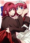  2girls blue_eyes blush bow hair_bow hand_in_another&#039;s_hair hisui incest kohaku lips looking_at_viewer maid maid_headdress multiple_girls off_shoulder redhead short_hair siblings sisters tsukihime twincest twins undressing urako yellow_eyes yuri 
