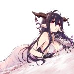  1girl antenna_hair bandages black_gloves black_hair breasts chan_co cleavage danua dress fingerless_gloves gloves granblue_fantasy hair_between_eyes horn_ornament horns jewelry large_breasts long_hair looking_at_viewer lying necklace on_stomach open_mouth pointy_ears red_eyes revision simple_background solo white_background white_dress 
