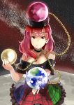  1girl breasts chain cleavage collar collarbone deetamu earth hat hecatia_lapislazuli highres large_breasts looking_at_viewer moon off_shoulder red_eyes redhead shirt skirt smile solo space touhou 