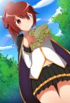  :&gt; arm_behind_back artist_request blazblue blush brown_hair bush celica_a_mercury clouds cloudy_sky leaf map miniskirt navel ponytail red_eyes skirt sky source_request tree 