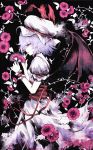  1girl bat_wings black_background blood bloody_clothes dress flower hat hat_ribbon highres lavender_hair mob_cap open_mouth profile puffy_sleeves remilia_scarlet ribbon sash short_hair short_sleeves solo touhou uni_(bom19850101) wings wrist_cuffs 