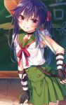  1girl ebisuzawa_kurumi fingerless_gloves gakkou_gurashi! gloves long_hair looking_at_viewer purple_hair school_uniform shovel skirt smile solo striped toosaka_asagi twintails violet_eyes worktool 