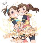  2girls bike_shorts blush brown_hair character_name dated futami_ami futami_mami hair_bobbles hair_ornament happy_birthday hoodie idolmaster kanya_pyi long_hair looking_at_viewer multiple_girls short_hair shorts_under_skirt siblings side_ponytail sisters skirt smile star twins v violet_eyes wink 