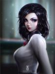  1girl bioshock bioshock_infinite black_hair blue_eyes breasts chromatic_aberration elizabeth_(bioshock_infinite) face large_breasts light_smile lips lipstick long_hair looking_at_viewer makeup paul_kwon short_hair solo watermark web_address 