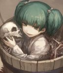  1girl bone bucket evil_smile green_eyes green_hair hair_bobbles hair_ornament in_bucket in_container japanese_clothes kikugetsu kimono kisume long_sleeves looking_at_viewer short_hair skull smile solo touhou twintails upper_body wide_sleeves yukata 