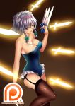  1girl alternate_costume bare_shoulders bow braid brown_legwear corset dagger garter_straps grey_eyes hair_bow hair_ornament izayoi_sakuya kaori_hero looking_at_viewer maid_headdress patreon short_hair silver_hair smile solo thigh-highs touhou twin_braids watermark weapon web_address 