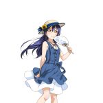  1girl blue_hair blush bow dress fan flower hat long_hair love_live!_school_idol_project official_art smile solo sonoda_umi standing transparent_background yellow_eyes 