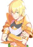  1boy absurdres artist_request blonde_hair bracelet crossed_arms earrings fate/grand_order fate_(series) fingerless_gloves gloves green_eyes grin highres jason_(fate/grand_order) jewelry navel_cutout necklace short_hair smile solo vambraces white_background 