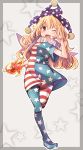  1girl american_flag_legwear american_flag_shirt blonde_hair clownpiece frame hat highres jester_cap legacy_of_lunatic_kingdom long_hair looking_at_viewer oimo_(imoyoukan) one_eye_closed open_mouth pantyhose print_dress red_eyes smile solo standing_on_one_leg star torch touhou v very_long_hair 