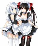  2girls apron black_hair black_legwear blue_eyes bow breasts choker cleavage date_a_live from_behind garter_straps hair_bow hair_ornament hairclip heterochromia highres long_hair looking_at_viewer looking_back multiple_girls scan simple_background smile thigh-highs tobiichi_origami tokisaki_kurumi tsunako twintails waist_apron white_background white_hair white_legwear yellow_eyes 