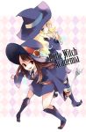  2girls akko_kagari back-to-back blonde_hair blue_eyes boots brown_hair copyright_name diana_cavendish hat highres little_witch_academia long_hair multiple_girls red_eyes wand witch witch_hat 