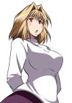  1girl arcueid_brunestud arms_behind_back blonde_hair blush breasts hair_intakes large_breasts long_skirt red_eyes short_hair skirt solo sweater tsukihime turtleneck urako 