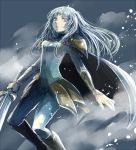  1girl armor bodysuit character_request claymore claymore_(sword) clouds grey_eyes imasara404ter silver_hair snow solo sword weapon 