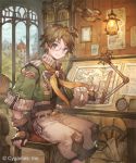  1boy :| ahoge airship belt bookshelf chair compass fingerless_gloves glasses gloves jacket knee_pads lantern looking_at_viewer map mikebosi original plaque ruler scroll shingeki_no_bahamut solo steering_wheel watermark window 