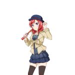  1girl black_legwear blush casual churro dress food hat jacket jewelry love_live!_school_idol_project necklace nishikino_maki official_art redhead short_hair smile solo standing thighhighs transparent_background violet_eyes 