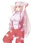  1girl absurdres arms_up blush bow breasts fujiwara_no_mokou hair_bow hair_ornament hair_ribbon highres kame_no_nin large_breasts long_hair looking_down open_mouth pants red_eyes ribbon shirt short_sleeves silver_hair simple_background solo touhou white_background 
