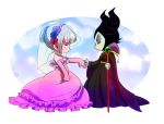  1boy 1girl bridal_veil chibi claude_frollo closed_eyes crossdressinging disney dress earrings elbow_gloves eyeshadow flower frilled_dress frills gloves gown grey_hair hair_flower hair_ornament holding_hands horns jewelry makeup maleficent marimo_(yousei_ranbu) necklace one_man&#039;s_dream_ii pearl_necklace pink_dress pink_gloves ring short_hair short_ponytail sleeping_beauty staff strapless_dress the_hunchback_of_notre_dame veil younger 