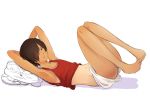  1boy hair_over_one_eye ikezawa_kazuma legs_up lying on_back pillow short_shorts shorts tan tank_top tsukuru_(seki_sabato) 