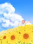  1girl amino_(tn7135) blue_sky bow casual closed_eyes field flower flower_field hair_bow kohaku outstretched_arms pink_hair short_hair sky smile solo sunflower t-shirt tsukihime 