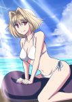  1girl arcueid_brunestud bikini blonde_hair blue_sky breasts cleavage hair_intakes innertube navel ocean red_eyes short_hair side-tie_bikini sky smile solo straddling swimsuit tsukihime urako white_bikini white_swimsuit 