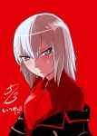  1girl aomushi_(mushamusha) dated girls_und_panzer grey_eyes grey_hair highres itsumi_erika jacket_off_shoulders red_background short_hair solo sweatdrop 