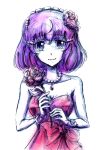  1girl bare_shoulders bow colored_pencil_(medium) dress flower gata2013 hair_flower hair_ornament happy_birthday highres jewelry kakumeiki_valvrave looking_at_viewer necklace pearl_necklace red_dress sashinami_shouko sketch smile solo traditional_media upper_body white_background 