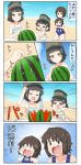  2girls 4koma arare_(kantai_collection) beach black_eyes black_hair blue_sky blue_swimsuit brown_eyes chibi closed_eyes comic drooling food fruit hat highres kantai_collection miyuki_(kantai_collection) multiple_girls ocean puchimasu! school_swimsuit short_hair sky smile striped striped_swimsuit sweat swimsuit translated watermelon wavy_mouth yuureidoushi_(yuurei6214) 