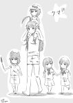  5girls ahoge animal_hat artist_name baseball_cap carrying cat_hat commentary_request eyepatch hat holding_hands kantai_collection kiso_(kantai_collection) kitakami_(kantai_collection) kuma_(kantai_collection) long_hair monochrome multiple_girls neckerchief ooi_(kantai_collection) short_hair shorts shoulder_carry skirt tama_(kantai_collection) younger 